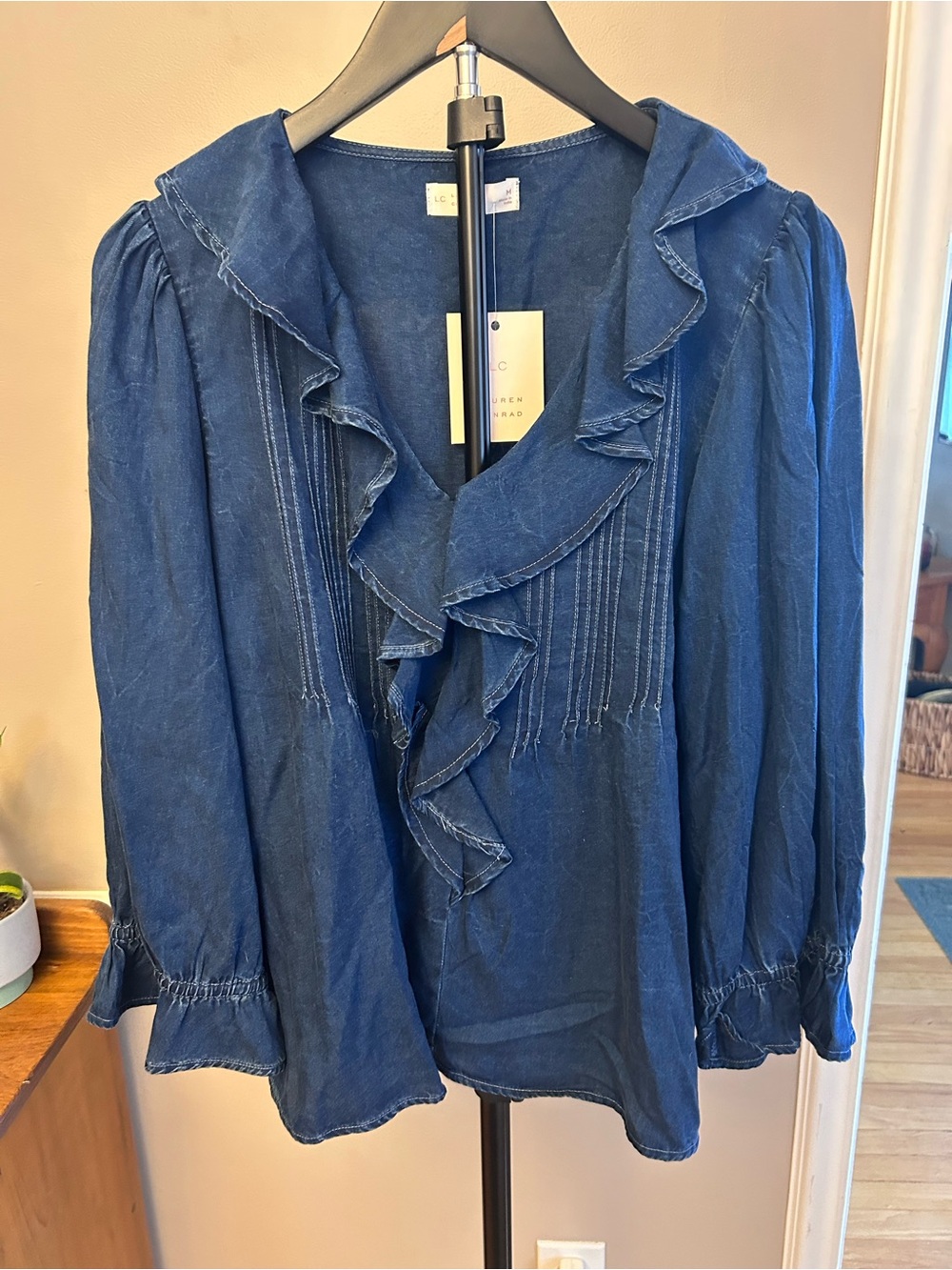 LC Lauren Conrad Navy Ruffle V-Neck Blouse